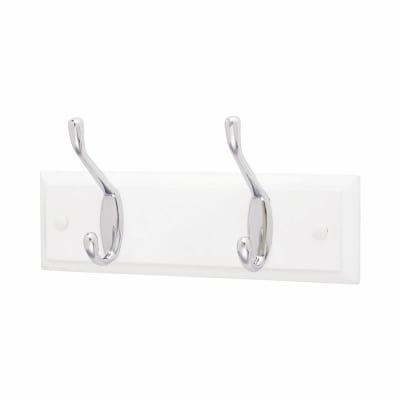 Hat & Coat Hook Rail - 225 x 70mm - 2 Hooks - White Board with Polished Chrome Hooks