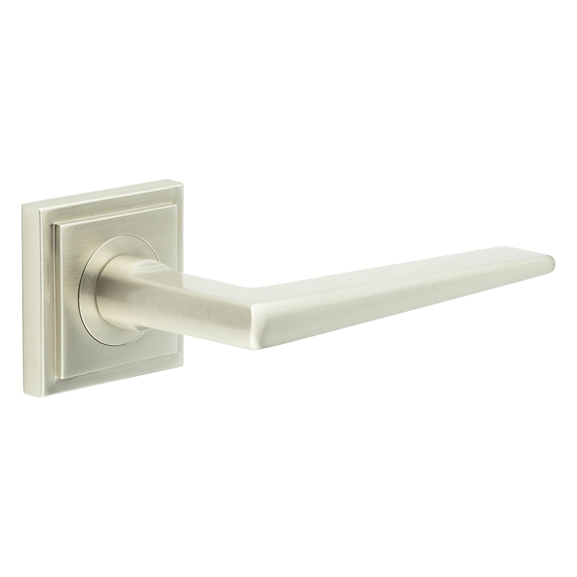 Satin Nickel Fire Rated Door Handles on Square Stepped Rose - Mayfair Range