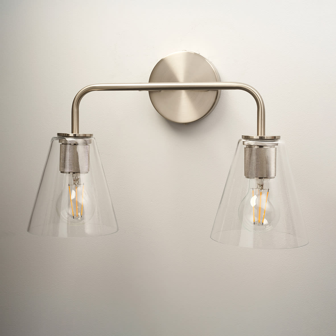 Sabana Knurled 2 Light Indoor Wall Light - Satin Nickel Fittings & Hooded Clear Glass Shades