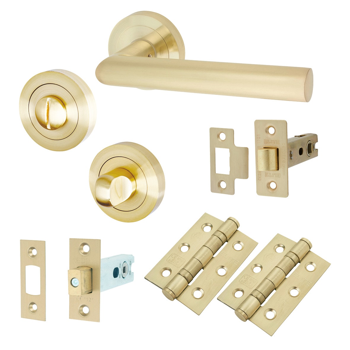 Satin Brass Bathroom Deadbolt Lock Door Handles on Rose Pack - Emily Range
