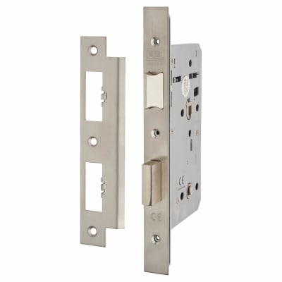 Heavy Duty DIN Bathroom Lock - 90mm Case - 60mm Backset - Square - Sat Stainless Steel
