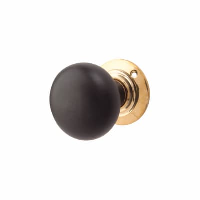 Ebony Knob & Polished Brass Rose Bun Mortice Door Knob - 57mm Rose Diameter