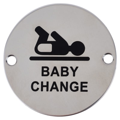 Baby Change Door Sign - 75mm Diameter - Polished Stainless Steel