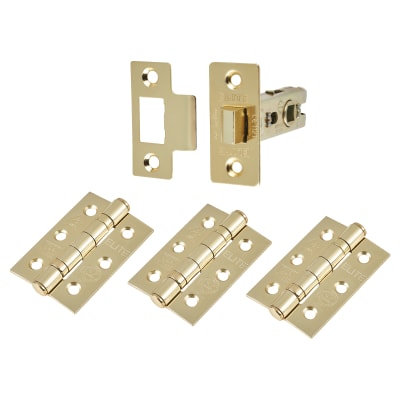 Tubular Latch Pack - 57mm Backset - 3 x Fire Rated Ball Bearing Hinges - Polished Brass