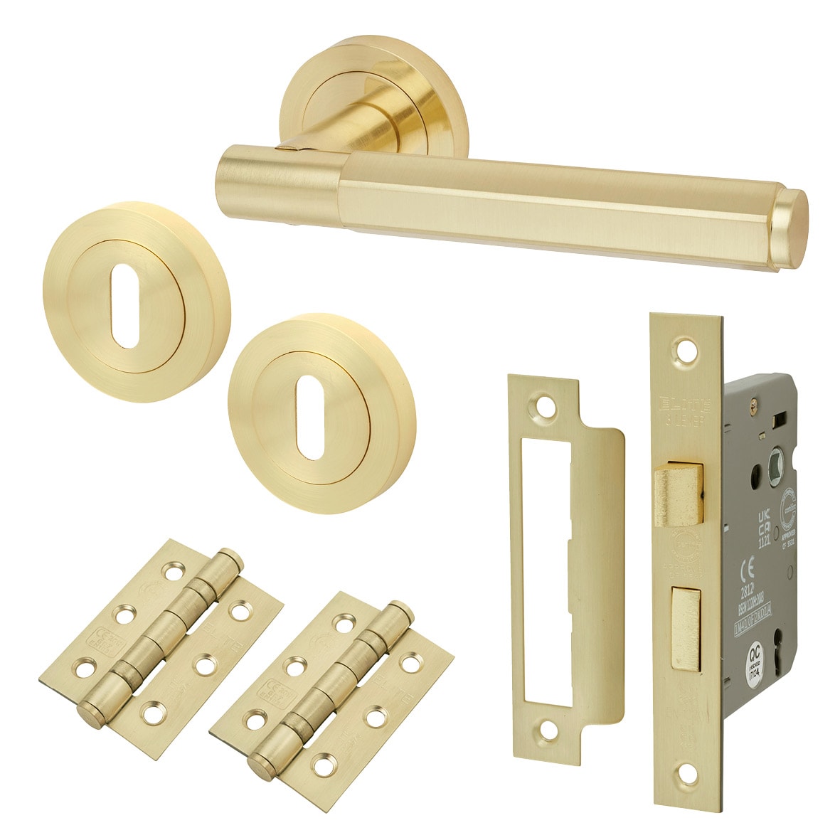 Satin Brass Hexagonal 3 Lever Sashlock Door Handles on Rose Pack - Juno Range