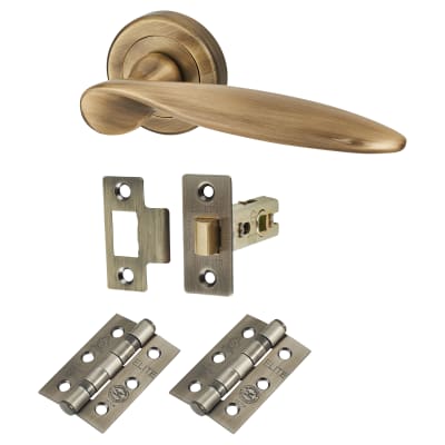 Antique Brass Latch Door Handles on Rose Pack - Lancaster Range