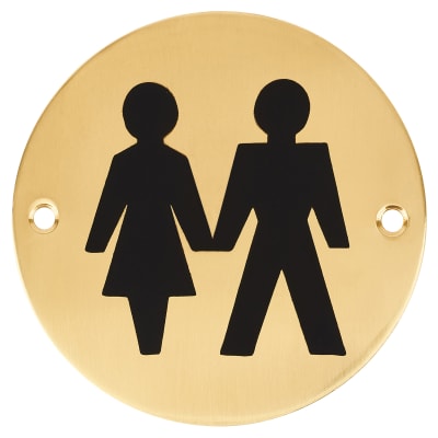 Unisex Toilet Door Sign - 75mm Diameter - Polished Brass