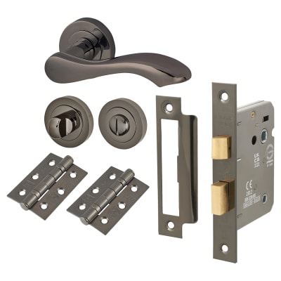 Black Nickel Scroll Bathroom Lock Door Handles on Rose Pack - Scarlett Range