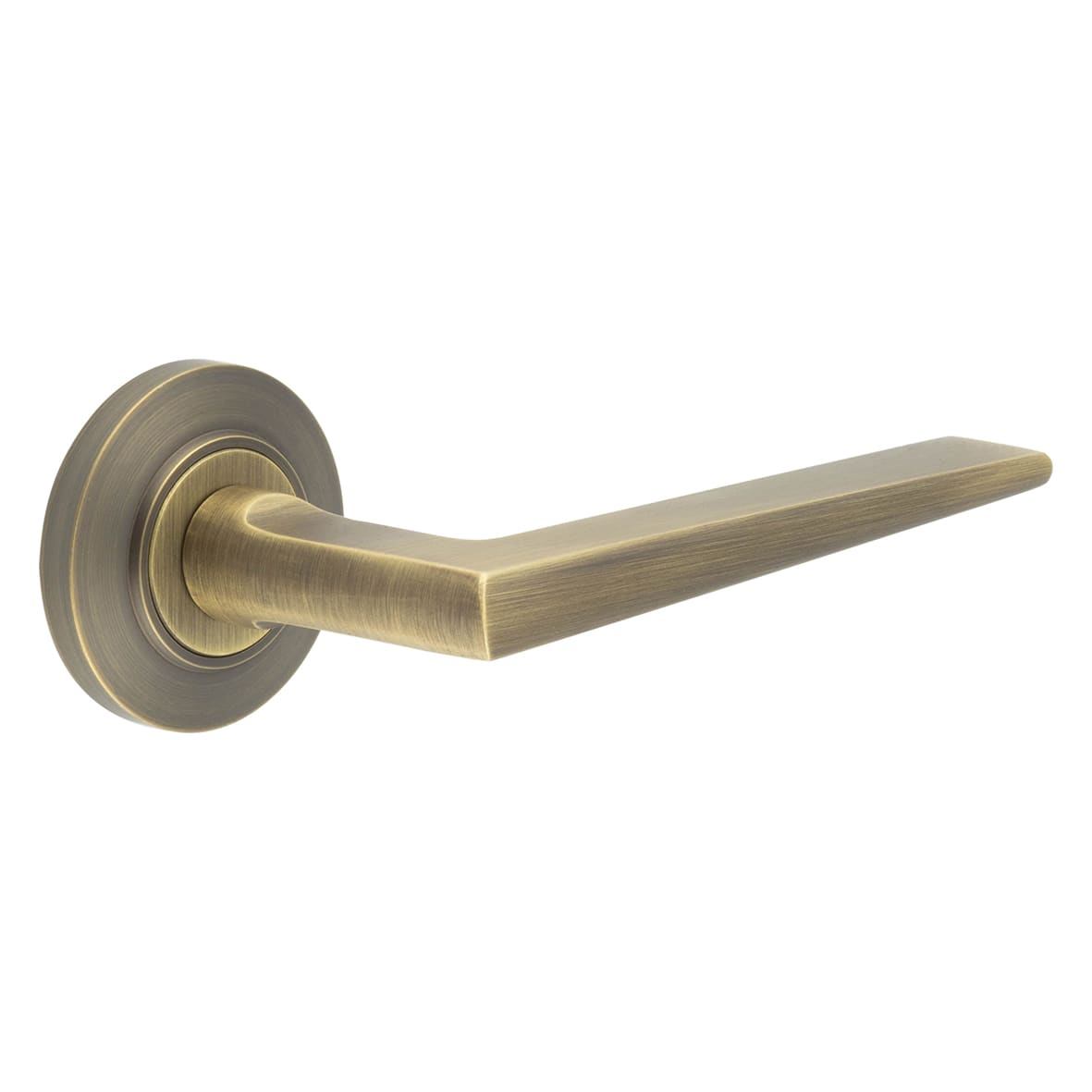 Antique Brass Fire Rated Door Handles on Round Chamfered Rose - Mayfair Range