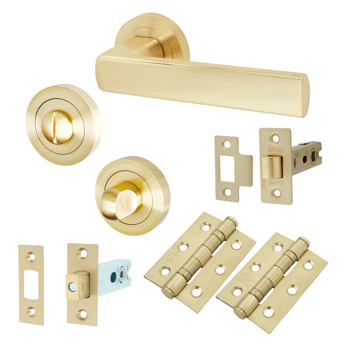 Satin Brass Bathroom Deadbolt Lock Door Handles on Rose Pack - Zara Range