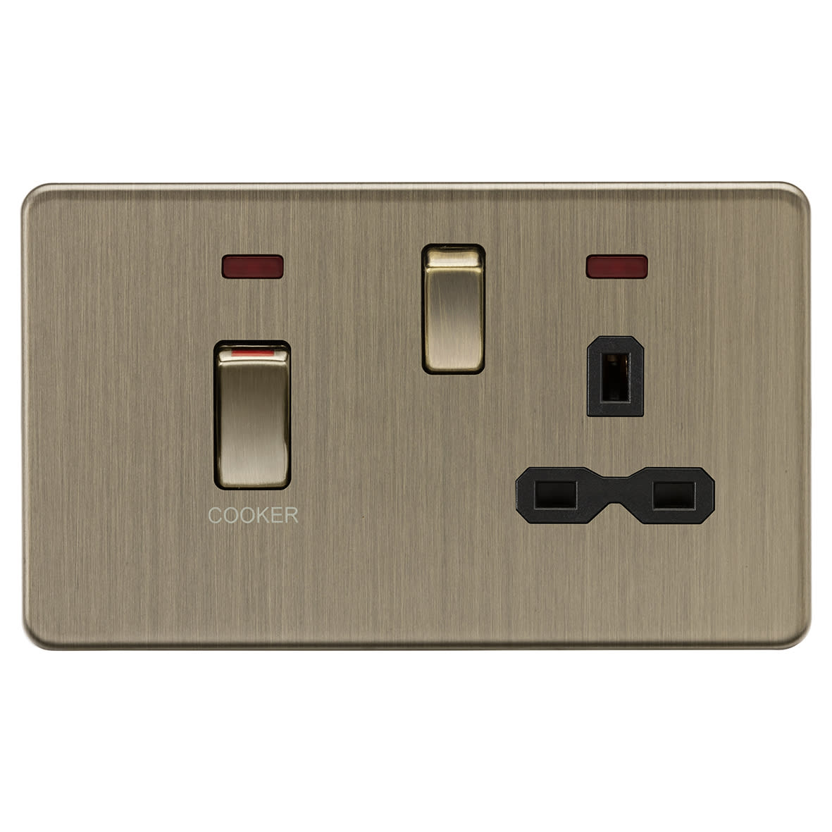 45A Screwless Flat Plate DP Cooker Switch & 13A Socket with Neons - Antique Brass