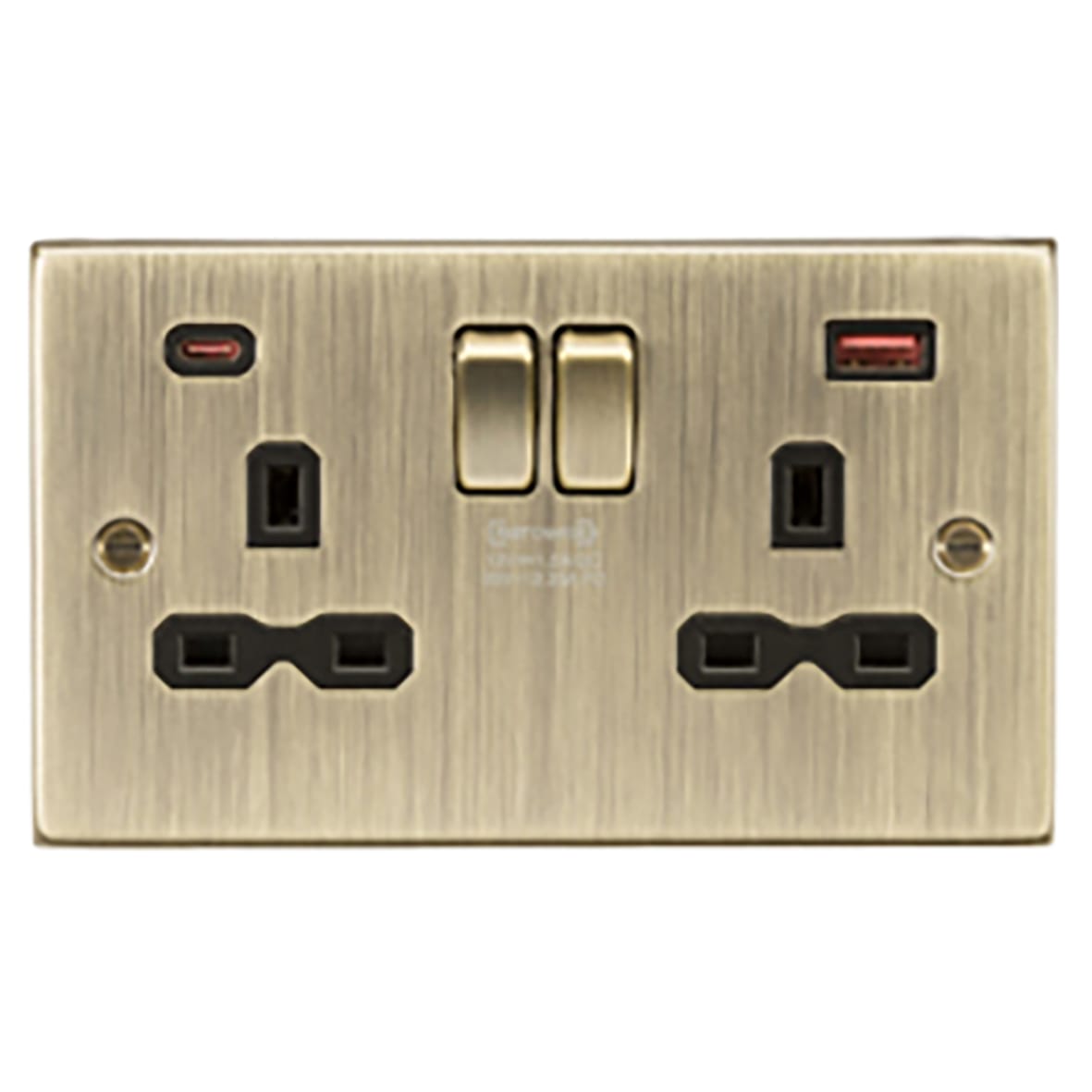 13A 2 Gang Type A/QC18W Type C/PD45W USB Socket with 2 x USB - Antique Brass/Black