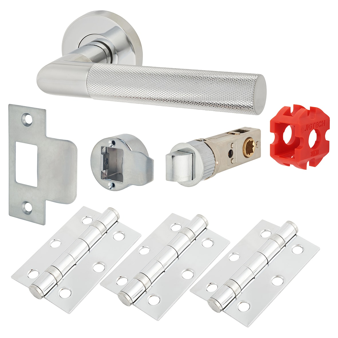 Polished Chrome Knurled Latch Door Handles on Rose Pack - Passage - Tactil Range