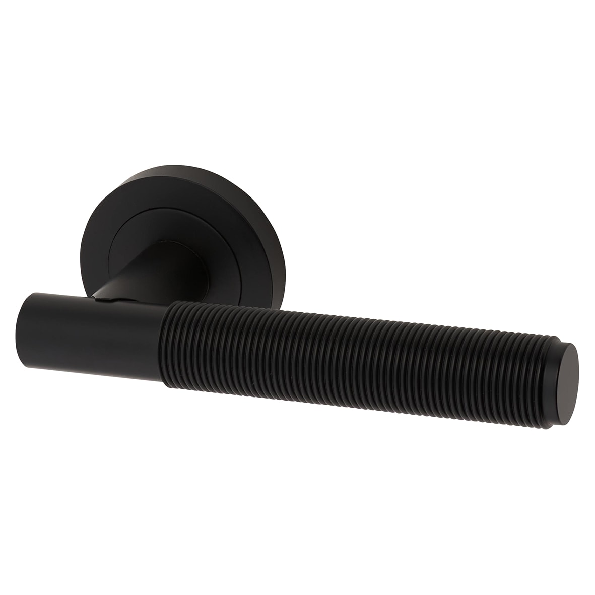 Matt Black Reeded Door Handles on Round Rose - Lily Range