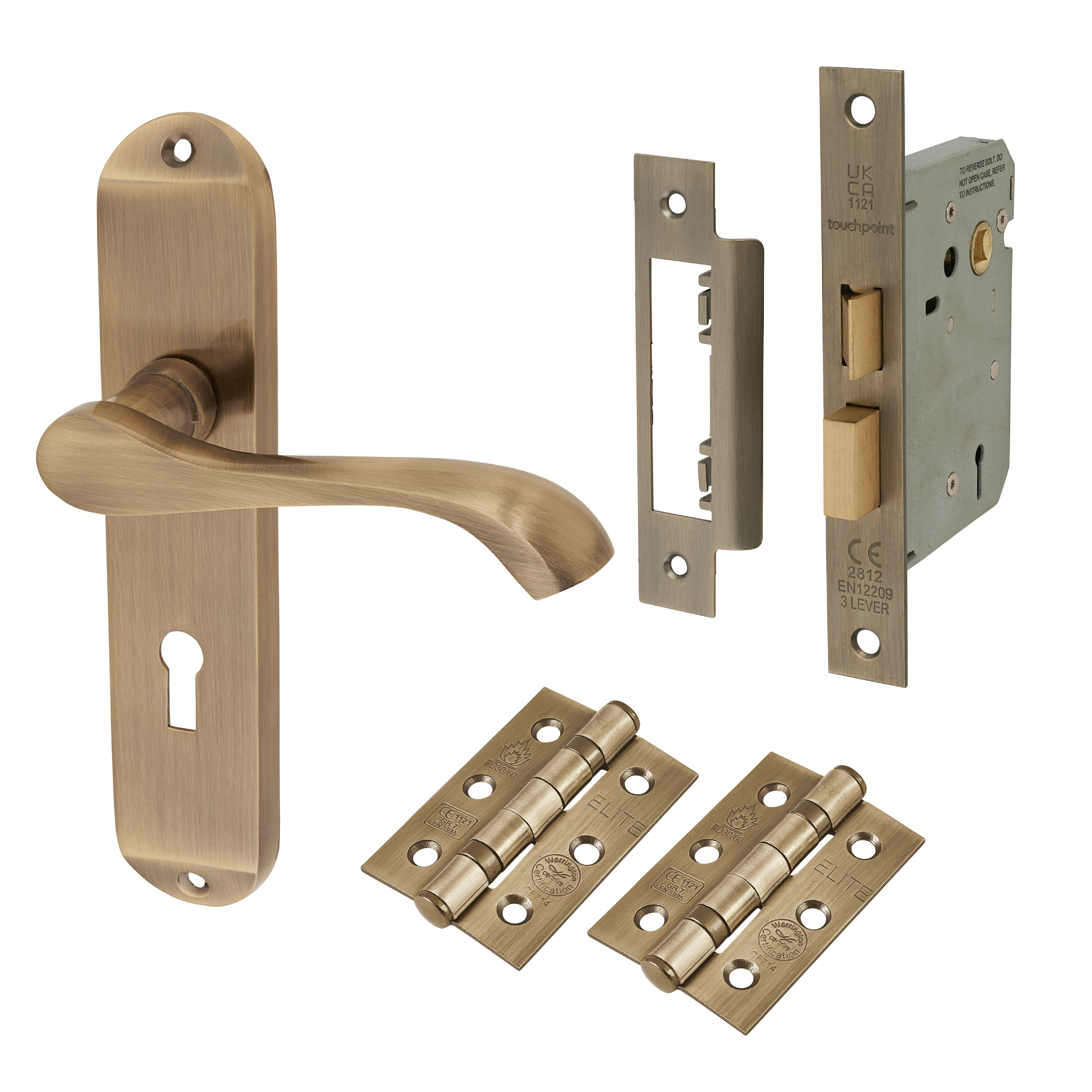 Antique Brass Scroll 3 Lever Sashlock Door Handles Pack - Ancona Range