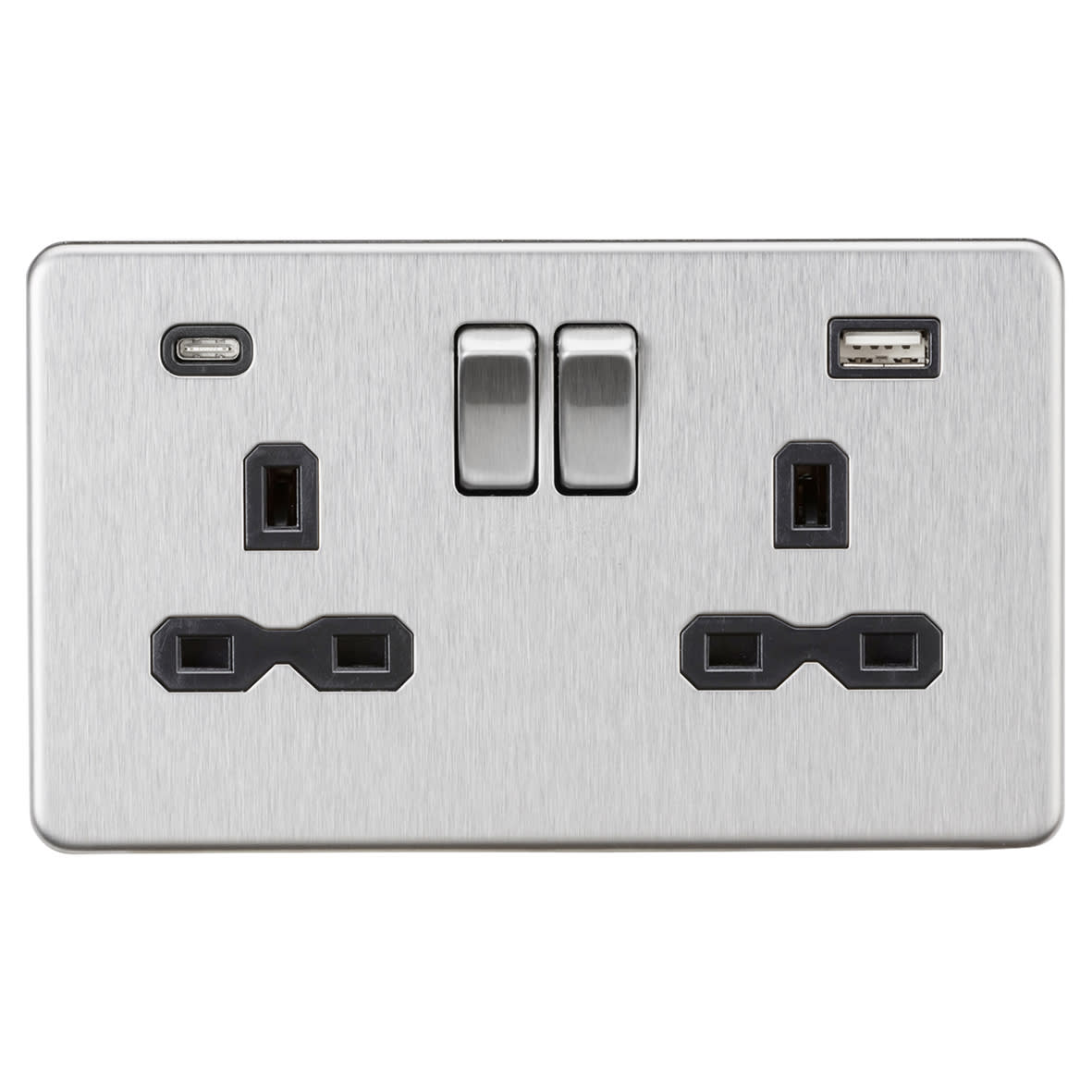 13A 2 Gang Screwless Type A/C USB Socket with 2 x USB - 4A - Brushed Chrome/Black