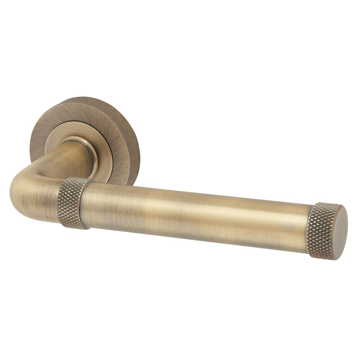 Antique Brass Fire Rated Knurled Door Handles on Round Rose - Midtown Range