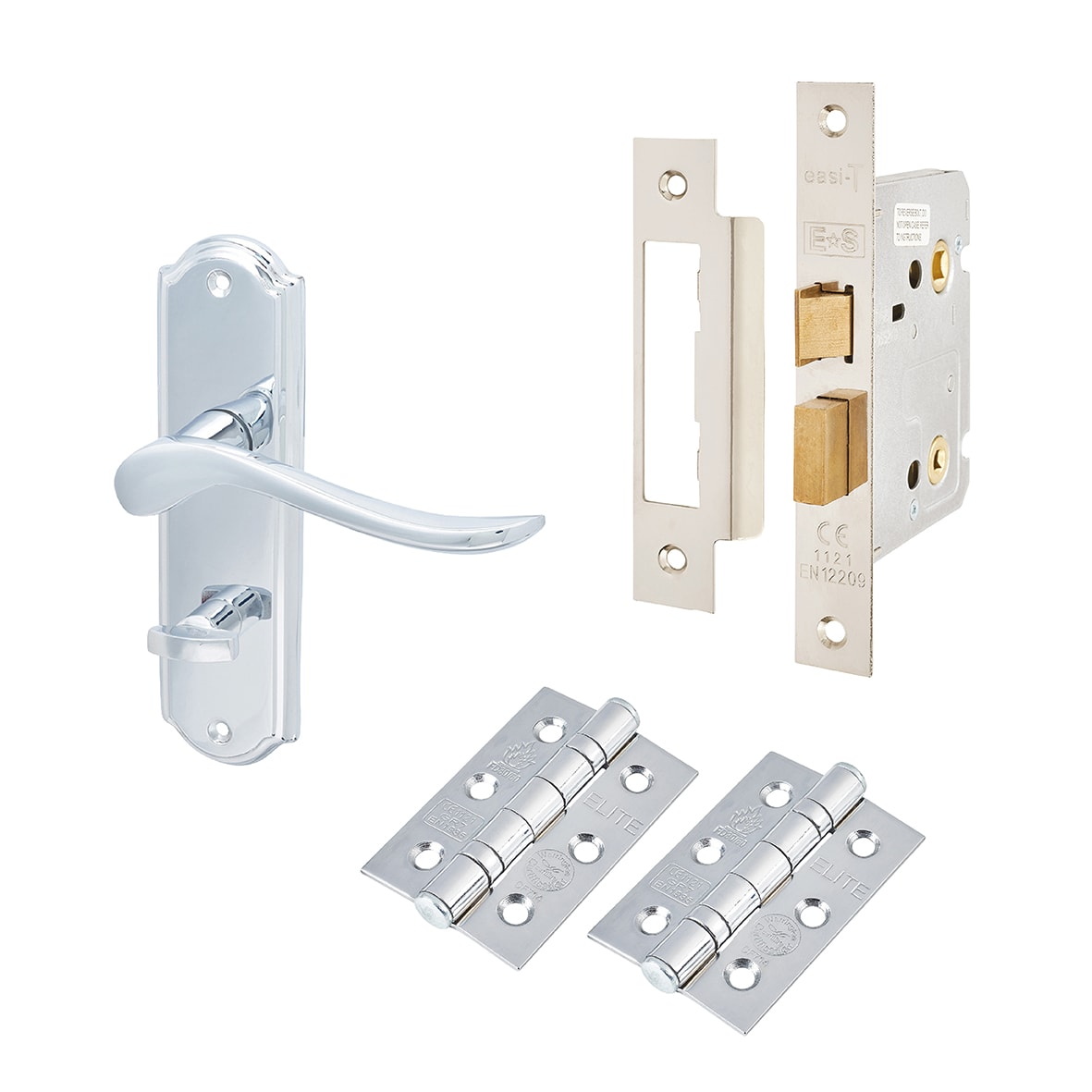 Polished Chrome Scroll Bathroom Lock Door Handles Pack - Turin Range