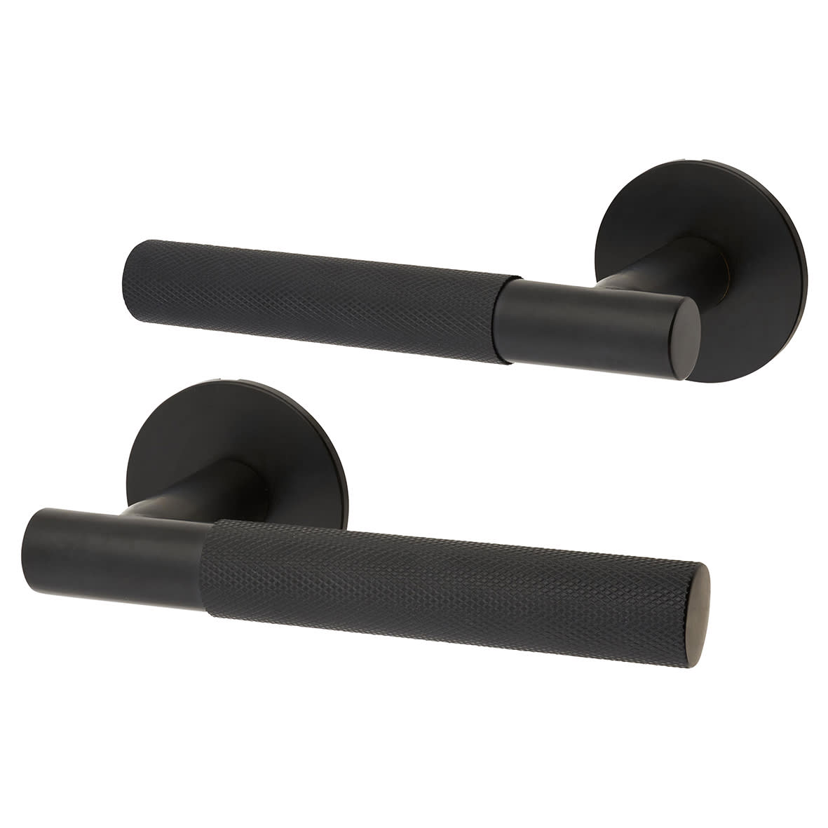 Matt Black Knurled Door Handles on Round Slim Rose - Schema Teckna Range