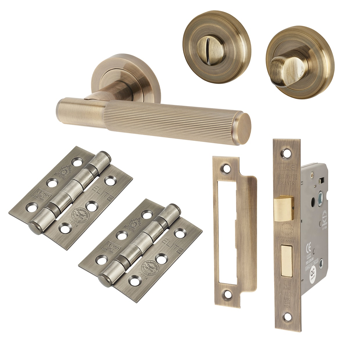 Antique Brass Lines Bathroom Lock Door Handles Pack - Nova Range