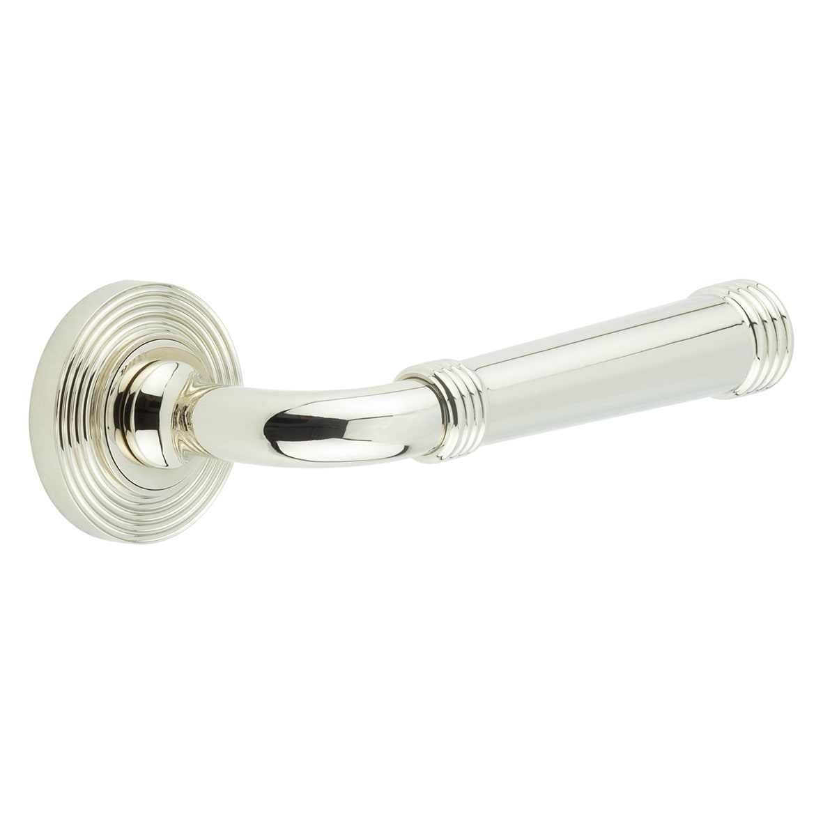Polished Nickel Fire Rated Door Handles on Round Reeded Rose - Highgate Range