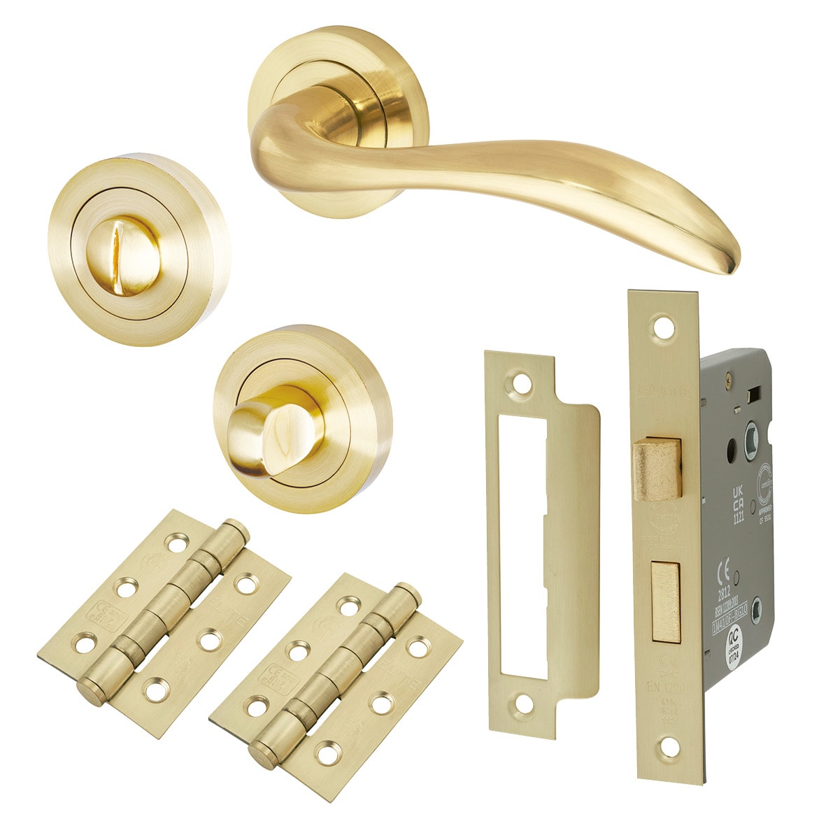Satin Brass Bathroom Lock Door Handles on Rose Pack - Sussex Range