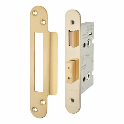 Architectural Bolt Through Bathroom Lock - 65mm Case - 44mm Backset - Radius - PVD Brass