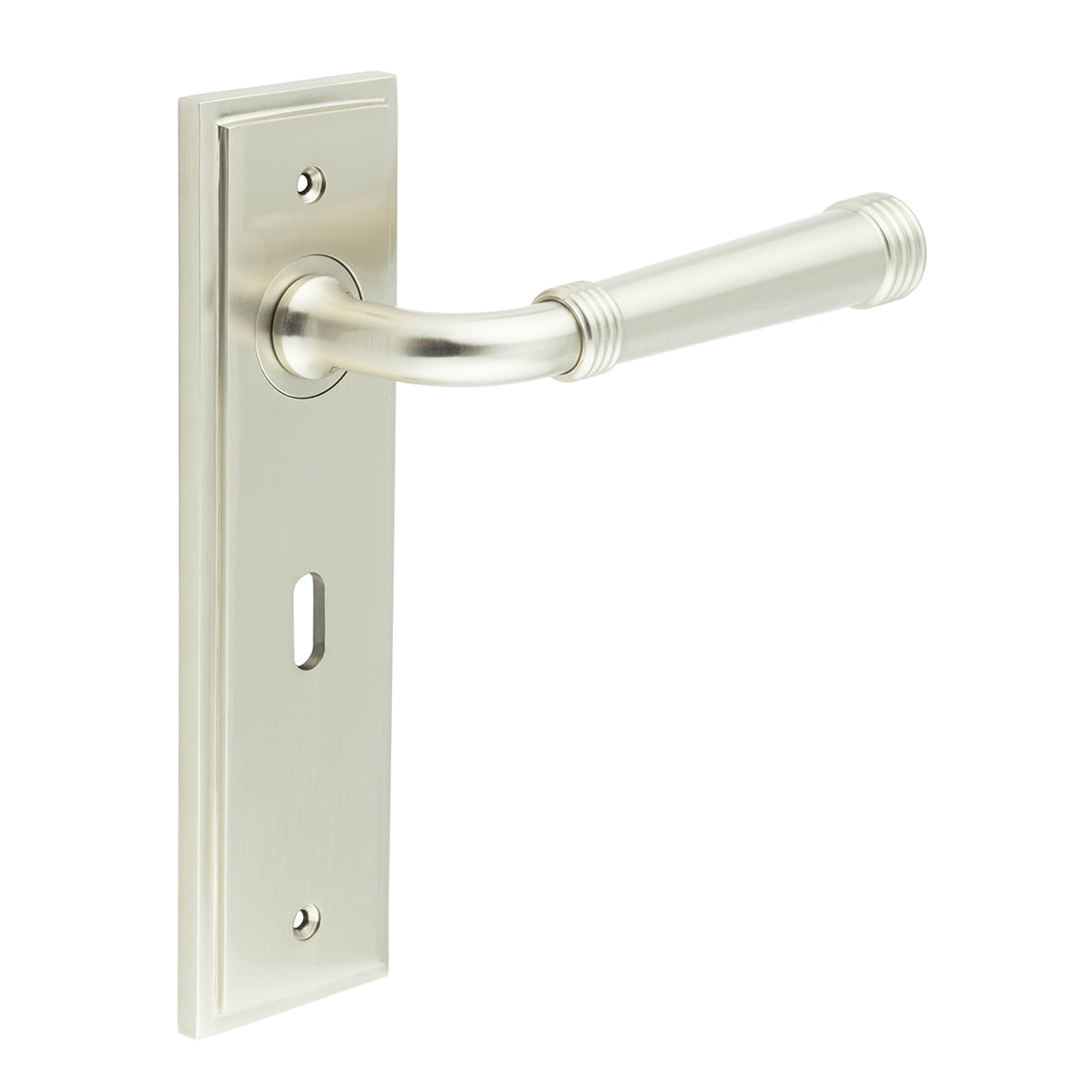 Satin Nickel Fire Rated Keyhole Lock Door Handles - Highgate - 200 x 55mm