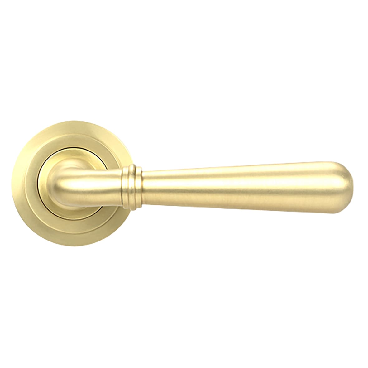 Satin Brass Door Handles on Round Art Deco Rose - Newbury Range