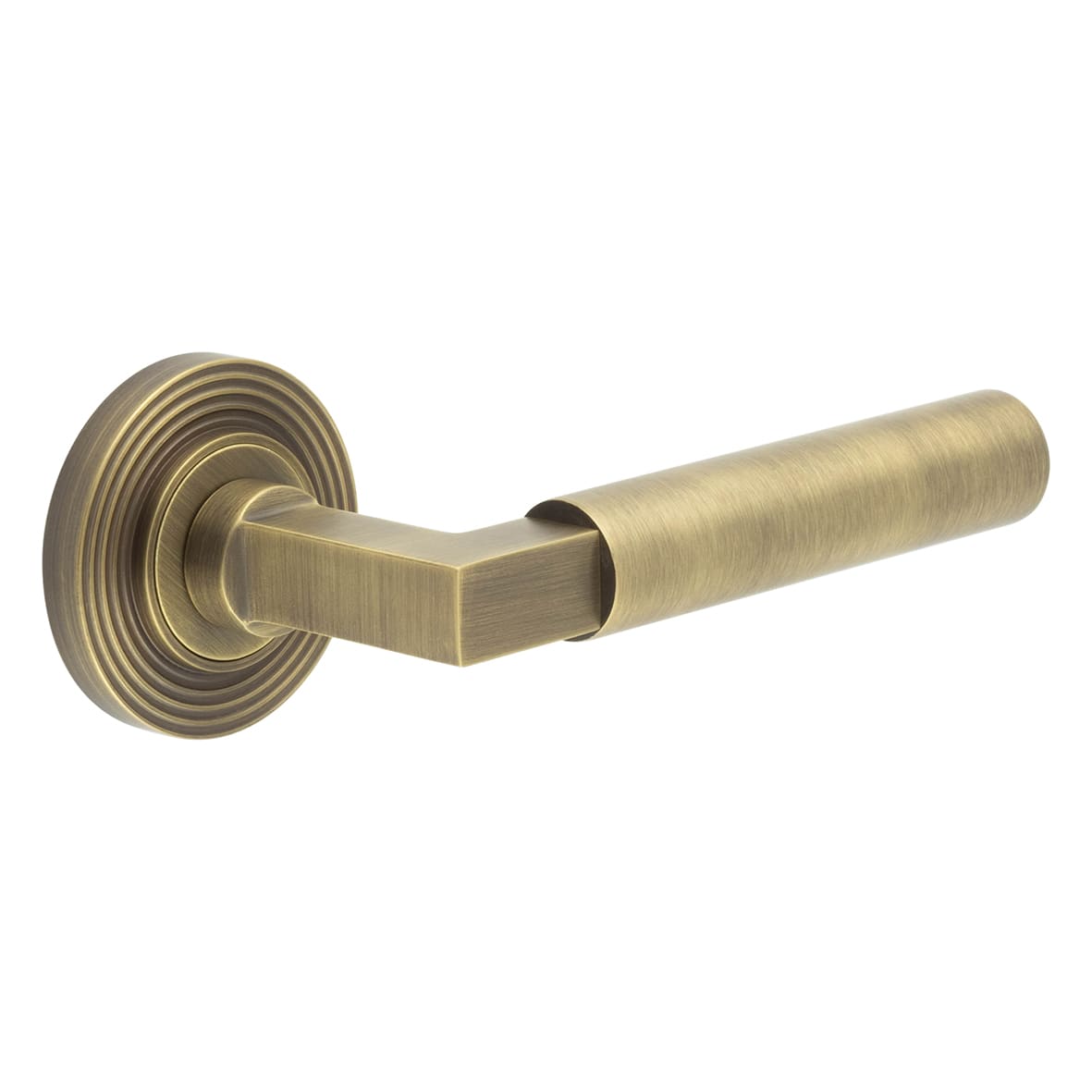Antique Brass Fire Rated Door Handles on Round Reeded Rose - Westminster Range