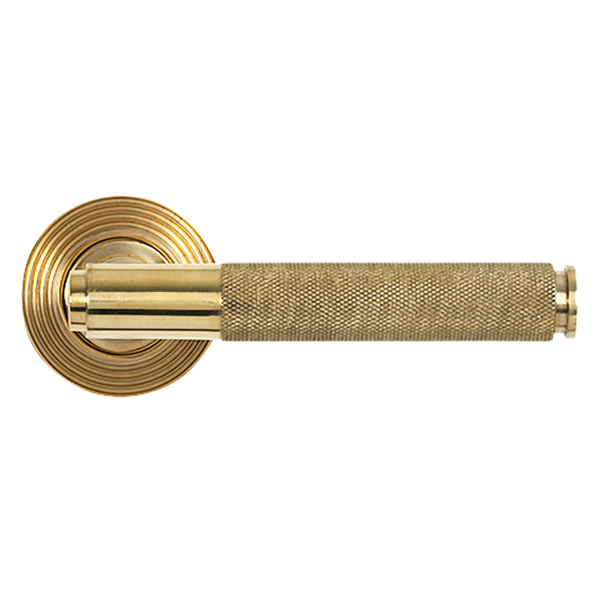 Polished Brass Knurled Door Handles on Round Beehive Rose - Brompton Range