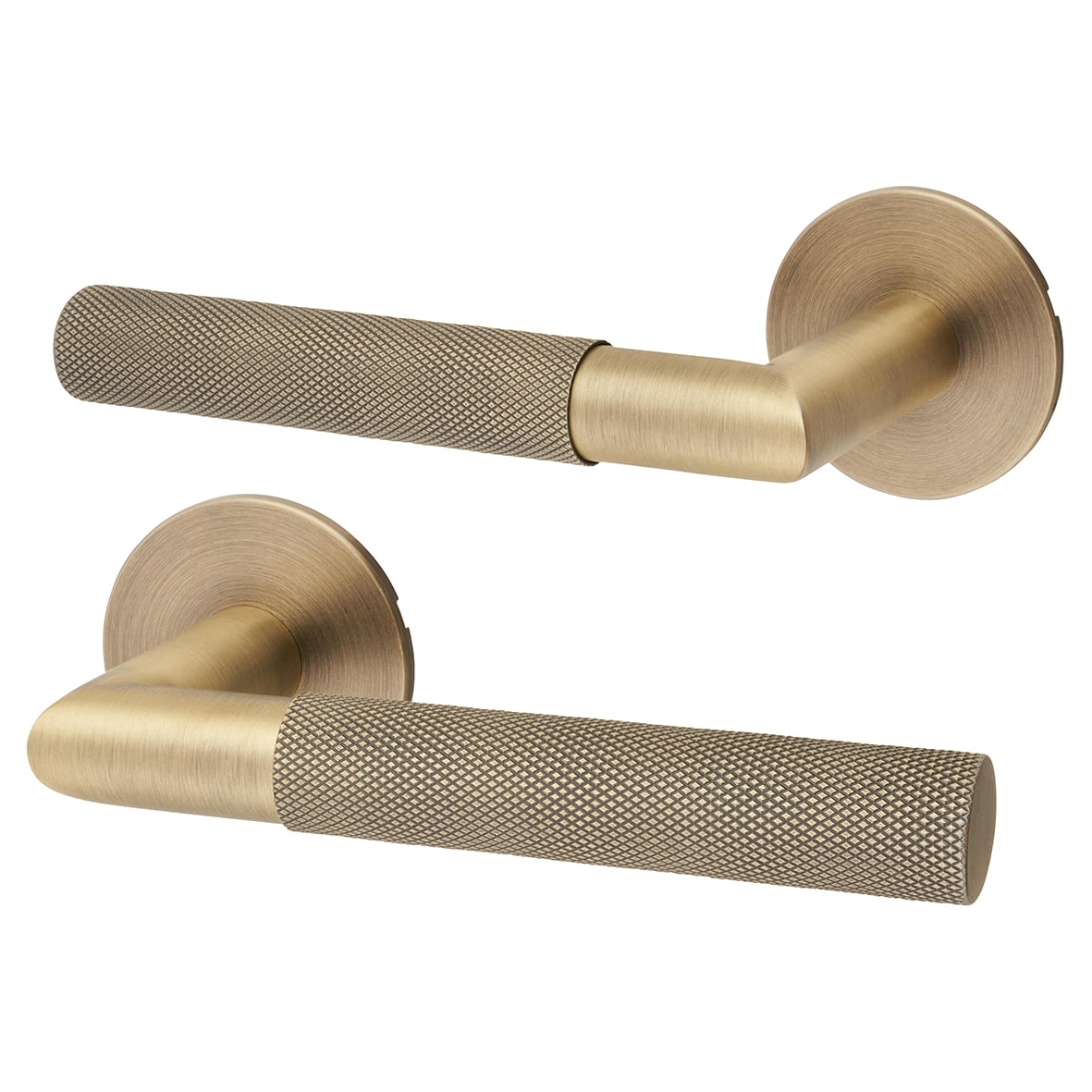 Matt Antique Brass Knurled Door Handles on Round Slim Rose - Schema Modell Range