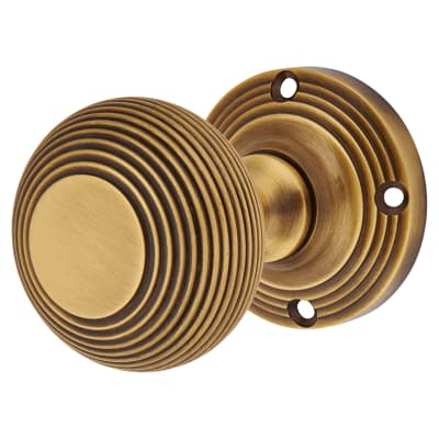 Marcus Antique Brass Reeded Mortice Door Knob - 59mm Rose Diameter