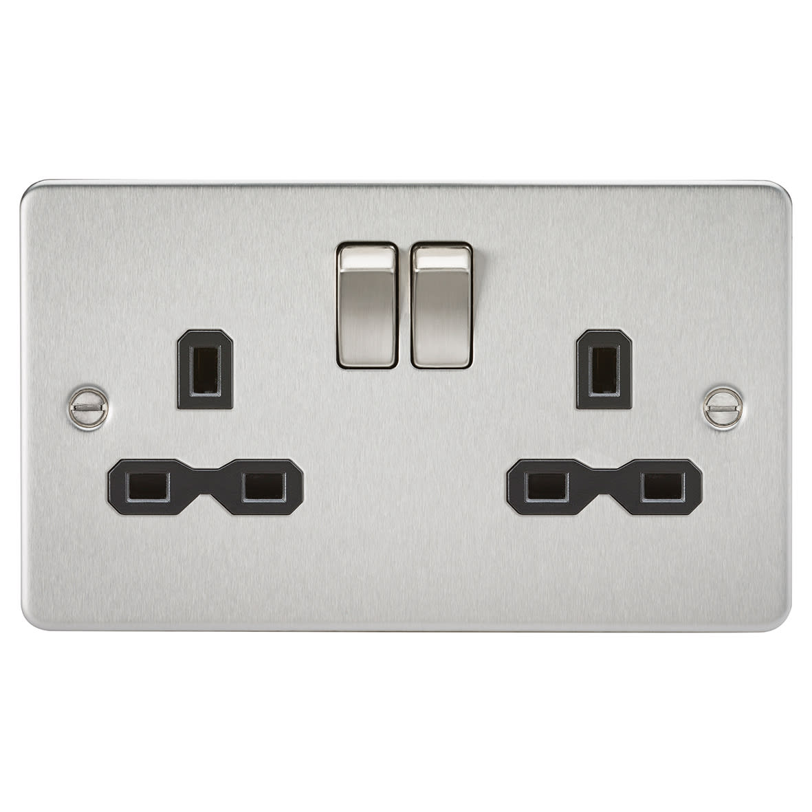 13A 2 Gang DP Switched Socket with Twin Earths - Brushed Chrome with Black Insert