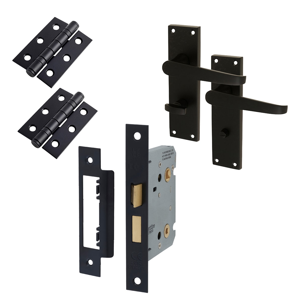 Matt Black Budget Straight Bathroom Lock Door Handles Pack