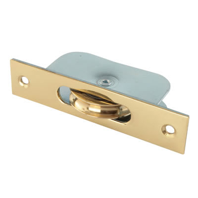 Square Ball Bearing Sash Window Pulley - 44mm Curved Metal Wheel - Polished Brass