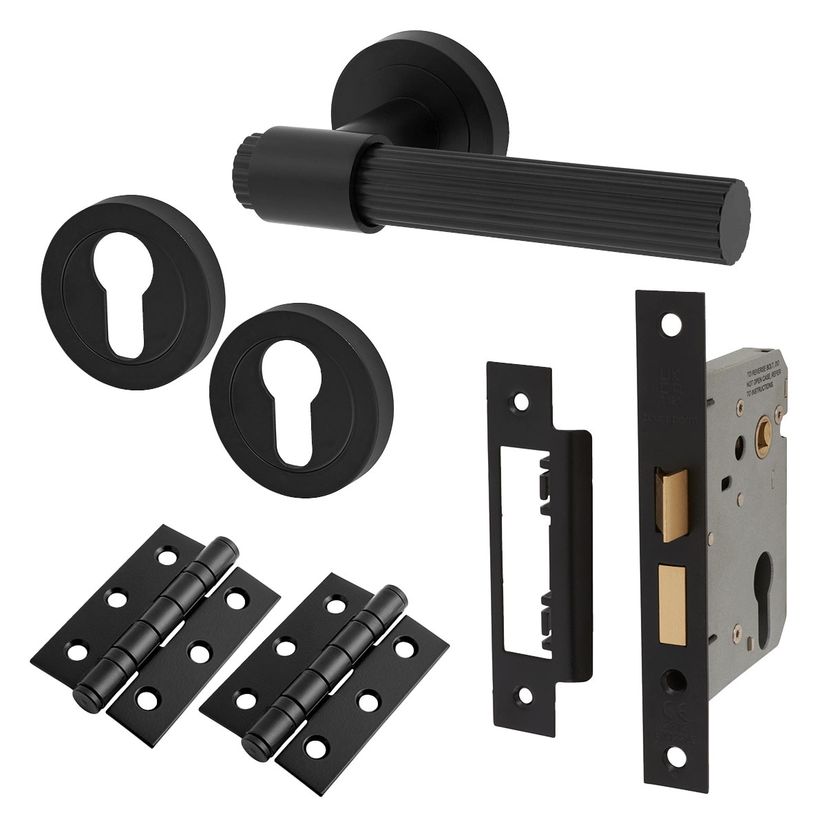Matt Black Lines Euro Lock Door Handles on Rose Pack - Eva Range