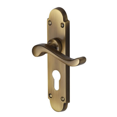Marcus Antique Brass Scroll Euro Lock Door Handles - Savoy Range - 171 x 42mm