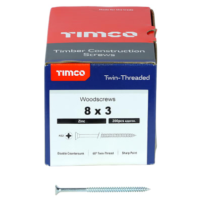 Twin Threaded Pozi Countersunk Wood Screws - 8 x 3" - Zinc Plated - Pack of 200