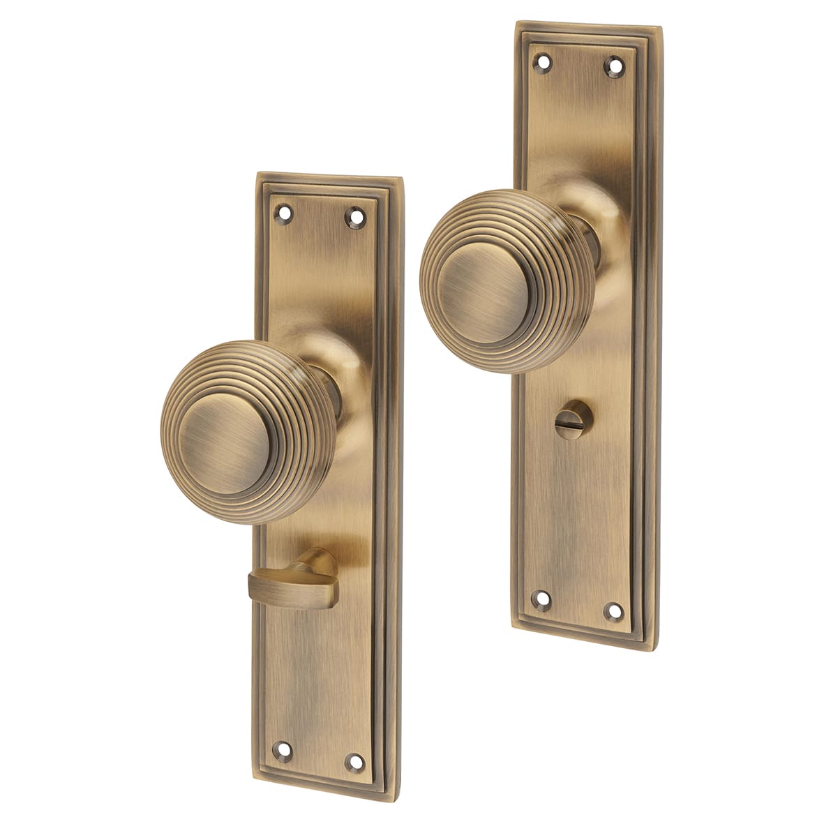 Antique Brass Reeded Bathroom Mortice Door Knob on Backplate - 205 x 52mm - Miller Range
