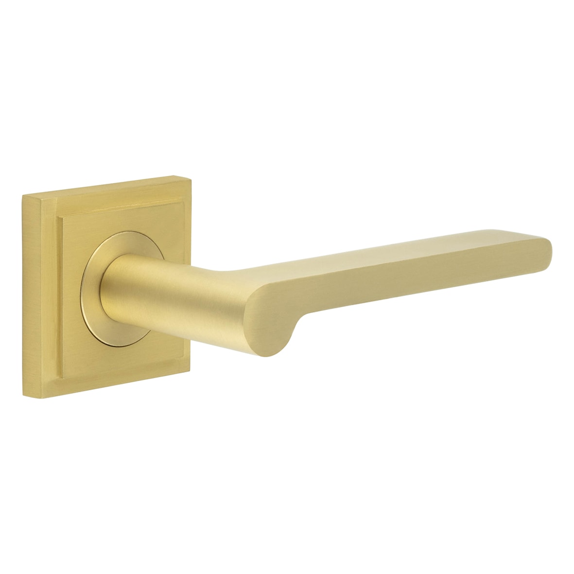Satin Brass Fire Rated Door Handles on Square Stepped Rose - Fitzrovia Range