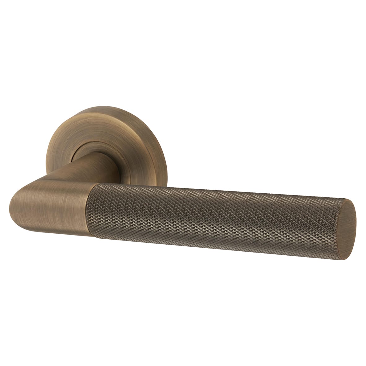 Matt Antique Brass Knurled Door Handles on Round Rose - Tactil Range