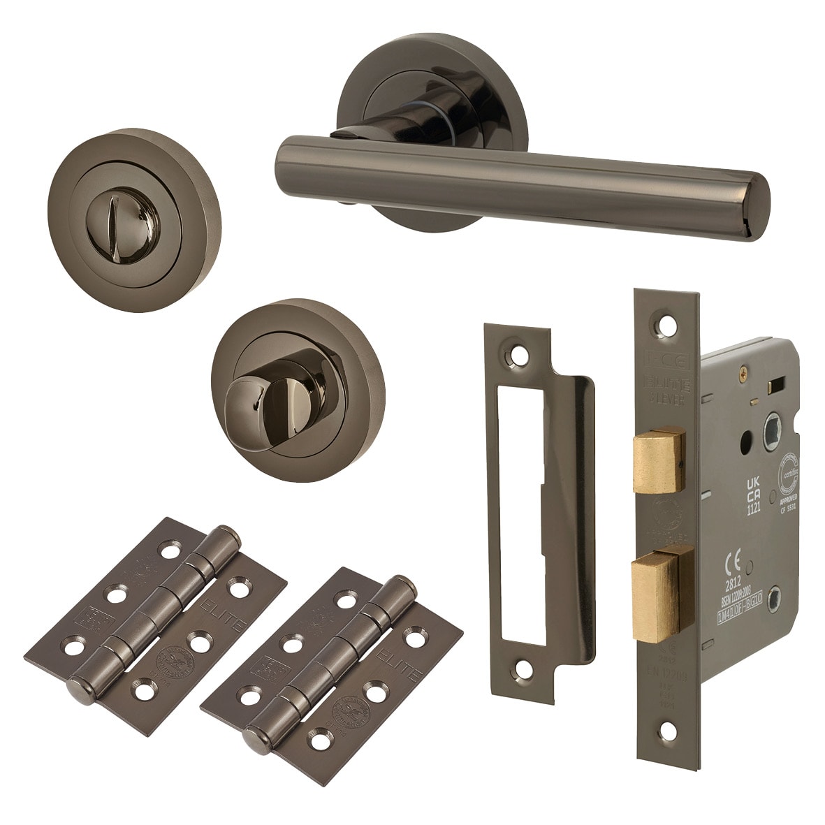 Black Nickel Bathroom Lock Door Handles on Rose Pack - Ella Range