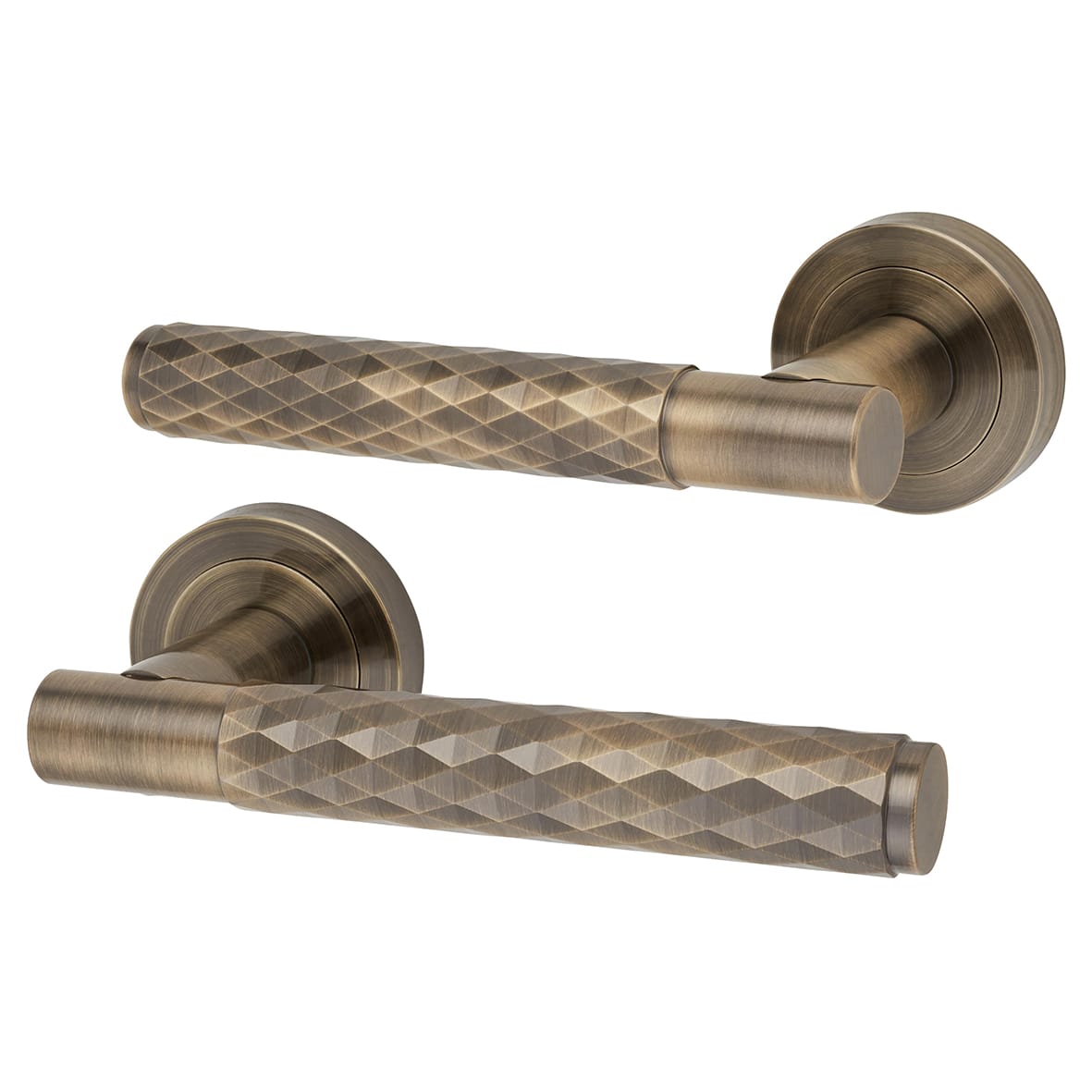 Antique Brass Diamond Door Handles on Round Rose - Luna Range