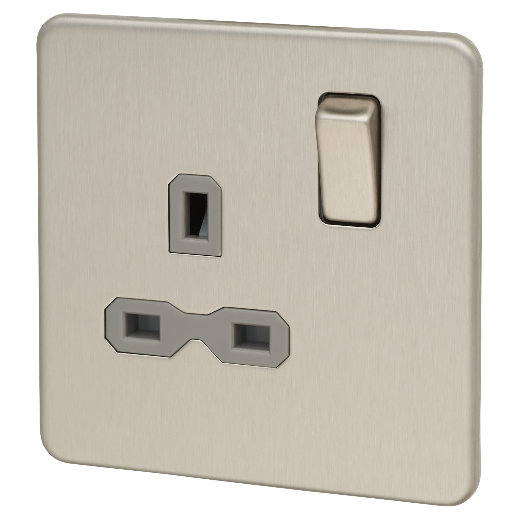 13A 1 Gang Screwless Flat Plate DP Switched Socket - Brushed Chrome with Grey Insert 226767P