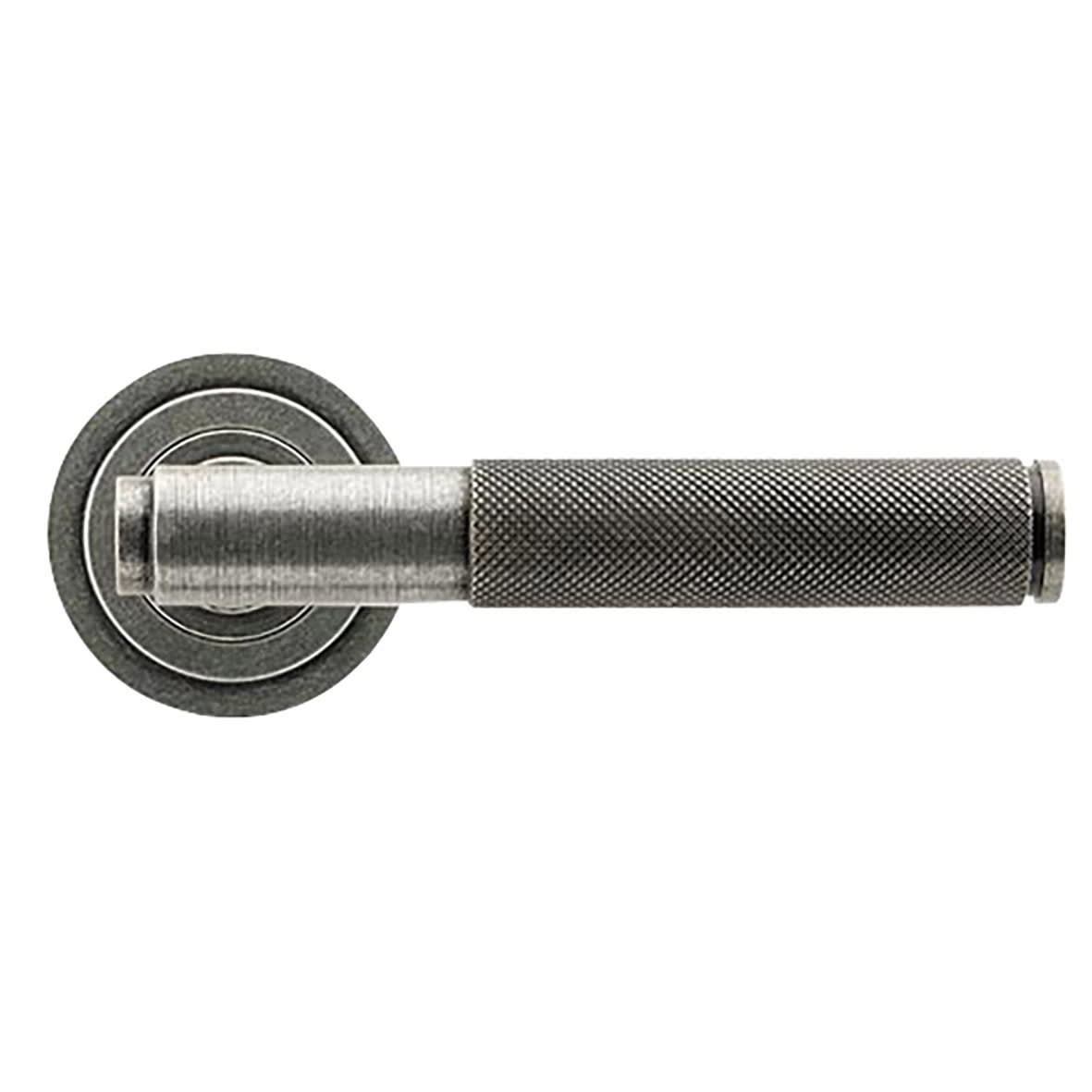 Pewter Knurled Door Handles on Round Art Deco Rose - Brompton Range
