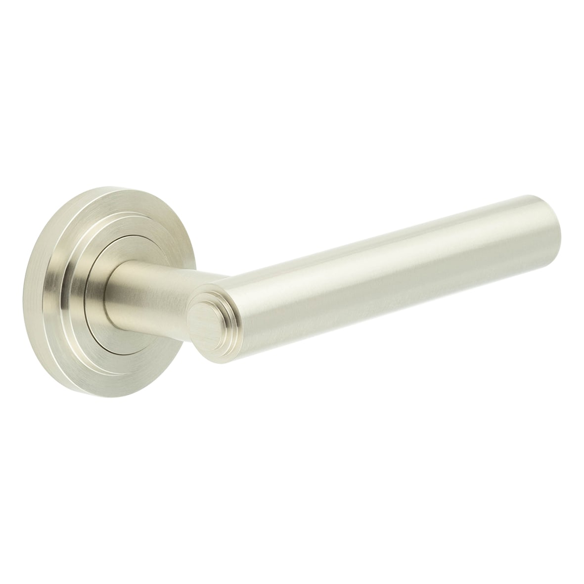 Satin Nickel Fire Rated Door Handles on Round Stepped Rose - Richmond Range