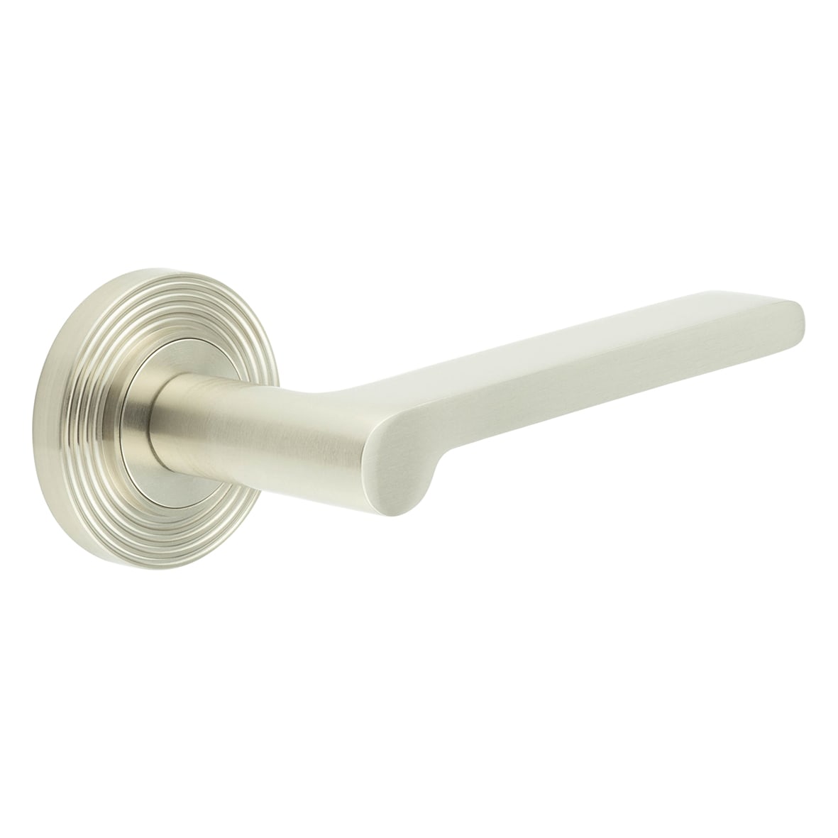 Satin Nickel Fire Rated Door Handles on Round Reeded Rose - Fitzrovia Range