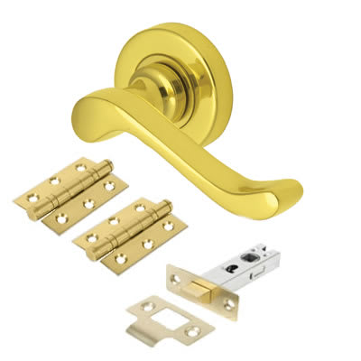 Marcus Polished Brass Scroll Latch Door Handles on Rose Pack - Bedford Range