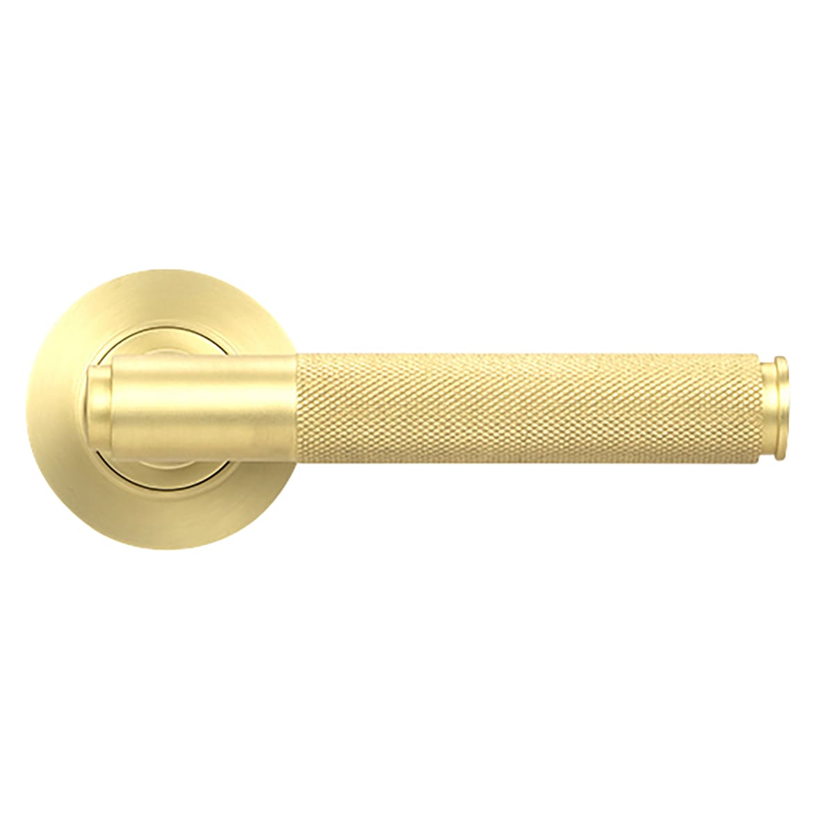Satin Brass Knurled Door Handles on Round Rose - Brompton Range